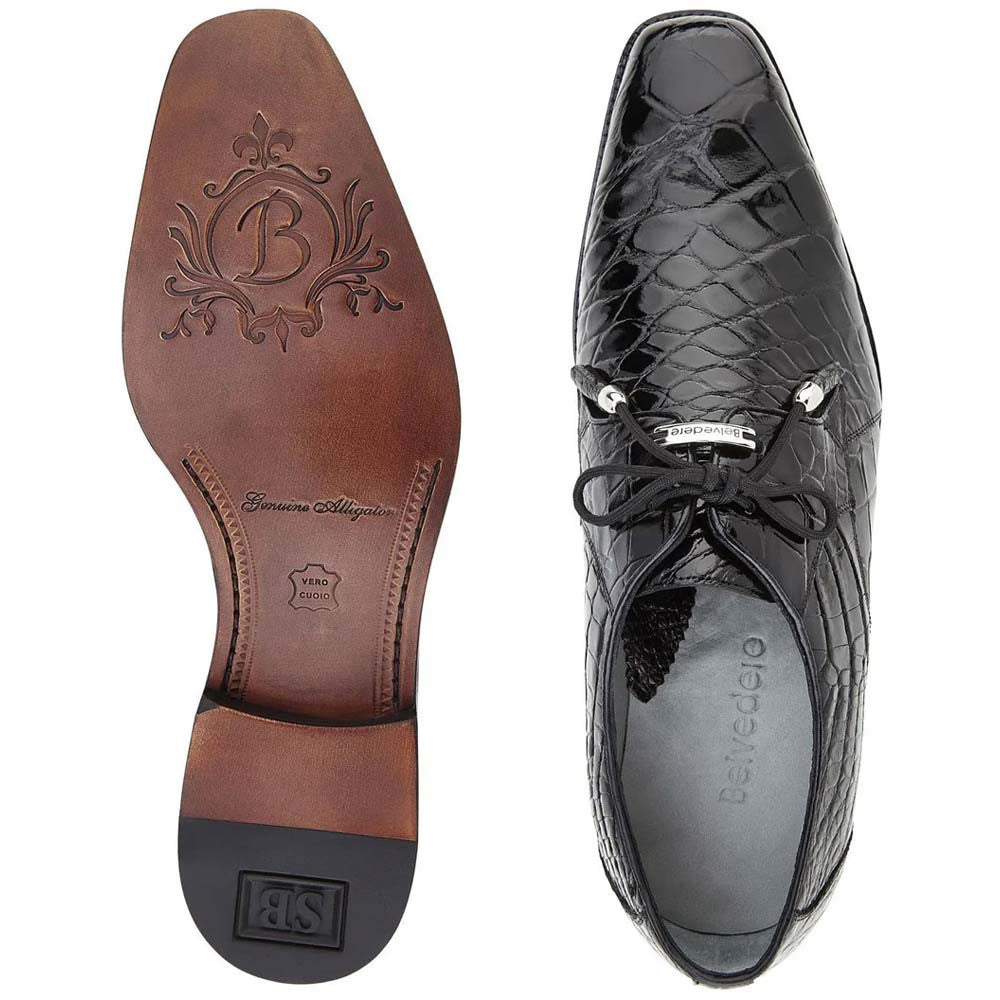 Belvedere Lago Men's Black Genuine American Alligator Skin Lace Up Shoes