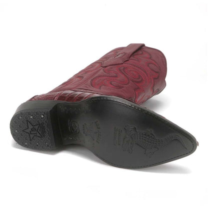 Los Altos Burgundy Genuine Caiman Crocodile Western Boots J Toe - shoeclassix.com